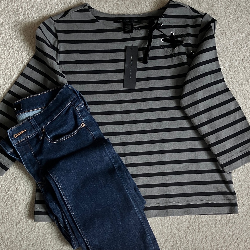 Marc by Marc Jacobs Striped Gray and Black Top